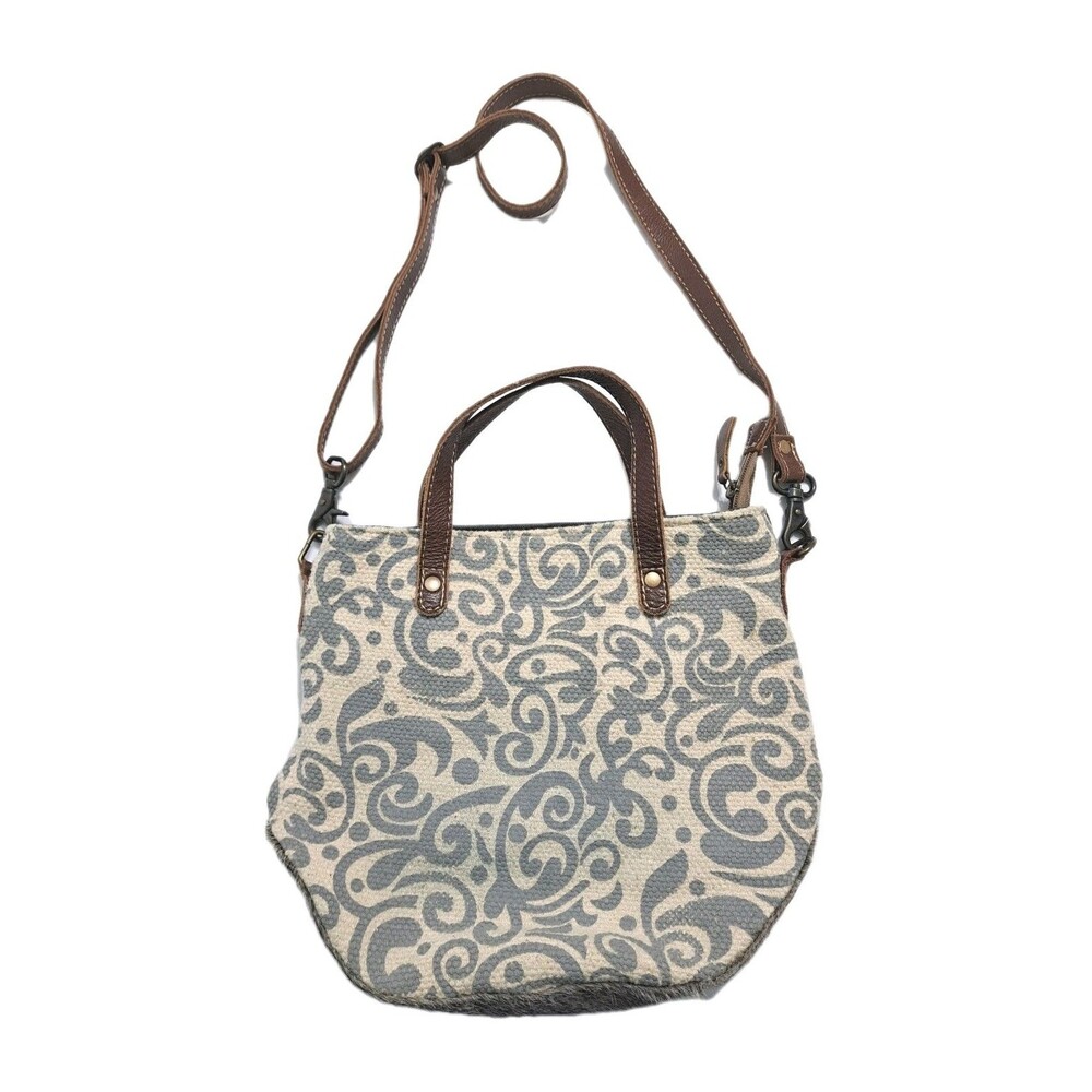 Myra Bag Leather Canvas Southwestern Aztec Shoulder Bag Satchel Cowhair Gray